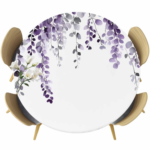 Purple Eucalyptus Leaves Round Tablecloth 36-44 Inch Round Fitted Table Cloth with Elastic Edge, Summer Leaf Watercolor Waterproof Table Cover Protector for Outdoor Picnic Party Dining
