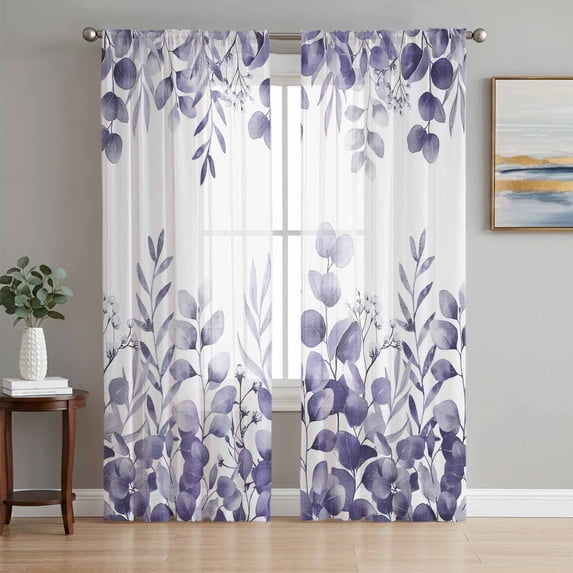 Purple Eucalyptus Leaves Sheer Curtains 96 Inch Length 2 Panels Set Window Treatments, Watercolor Spring Summer Botanical Rod Pocket Semi Curtains for Living Room/Bedroom/Kitchen Décor, 104"W x 96"L