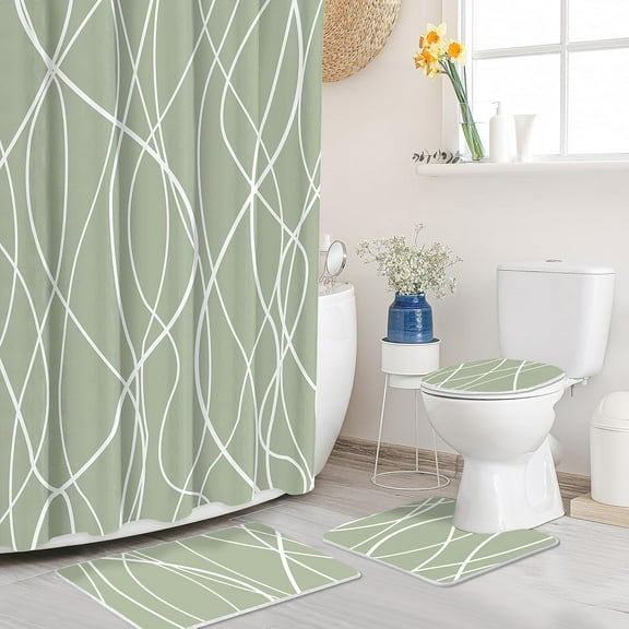 Curve Lines Sage White Shower Curtain Set 4PCs with Non-Slip Rugs,Toilet Lid Cover and Bath Mat,Bathroom Decoration 71x71 Inch with Hooks