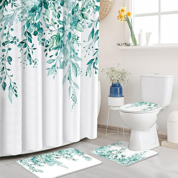 Purple Eucalyptus Leaves Shower Curtain Set 4PCs with Non-Slip Rugs,Toilet Lid Cover and Bath Mat,Bathroom Decoration 71x71 Inch with Hooks