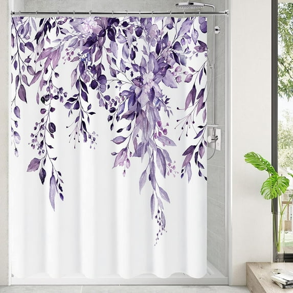 Purple Eucalyptus Leaves Shower Curtain, Watercolor Plant with Floral Waterproof Shower Curtain Set for Bathroom Decor with Hooks, 72x72