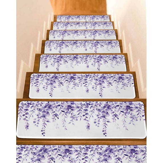 Purple Eucalyptus Leaves Stair Treads Non Slip Indoor for Wooden Steps, Spring Rustic Botanical 15 Pcs Stair Mats for Elders Dogs, 8 x 30 Inch Carpet Treads Runner Rugs for Staircase