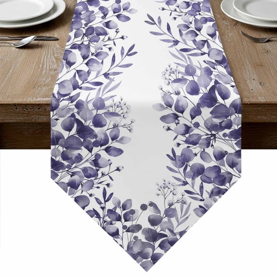 Purple Eucalyptus Leaves Table Runner Linen Burlap Table Runner 70 Inches Long Spring Summer Botanical Dresser Scarves for Kitchen Island Coffee Dining Party Wedding Banquet Holiday Decor 13"x70"