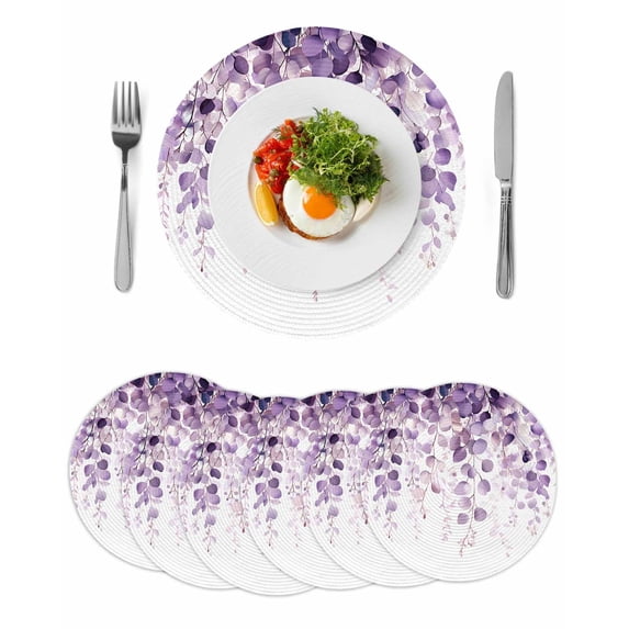 Purple Eucalyptus Round 13 Inch Placemats Set of 6, Spring Botanical Plant Aesthetic HeatResistant Non Slip Place Mats for Dining Table, Wipeable Braided Kitchen Table Mats for Housewarming
