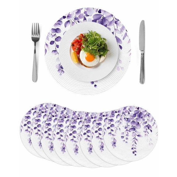 Purple Eucalyptus Round 13 Inch Placemats Set of 8, Botanical Plant Rustic Branch Floral HeatResistant Non Slip Place Mats for Dining Table, Wipeable Braided Kitchen Table Mats for Housewarming