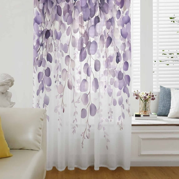Purple Eucalyptus Semi Sheer Curtains Drapes for Living Room, Bedroom, French Doors Window 45 Inches Long, Spring Botanical Plant Aesthetic Rod Pocket Chiffon Curtain Drapery Voile Draperies Panel