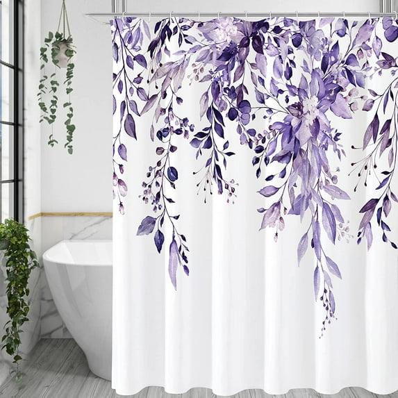 Purple Eucalyptus Shower Curtain, Watercolor Plant Leaves with Floral Bathroom Shower Curtain Set with Hooks, 72x72