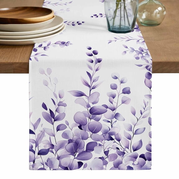 Purple Eucalyptus Table Runner, Botanical Plant Rustic Branch Floral Washable Cotton Linen Table Runners 36 Inches Long, Dresser Scarf Runner for Nightstand/End Tables/Round Tables 13''x36''