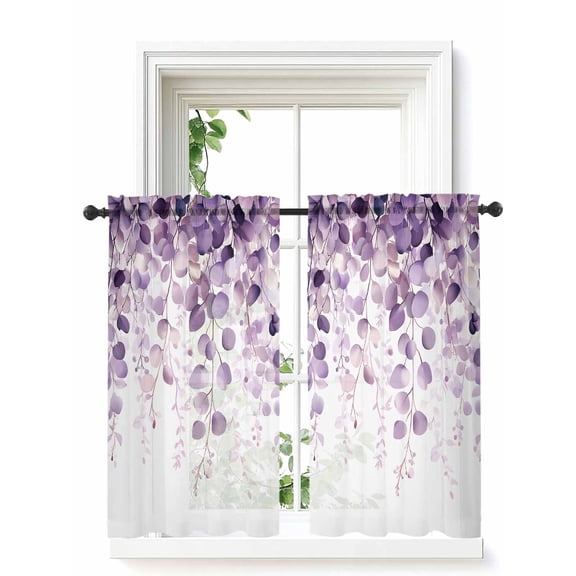 Purple Eucalyptus Tier Curtains 45 Inch Length,Sheer Curtains for Bedroom Living Room Window Spring Botanical Plant Aesthetic Rod Pocket Drapes Kitchen Curtains Small Half Window 27.5"x45" 2 Panels