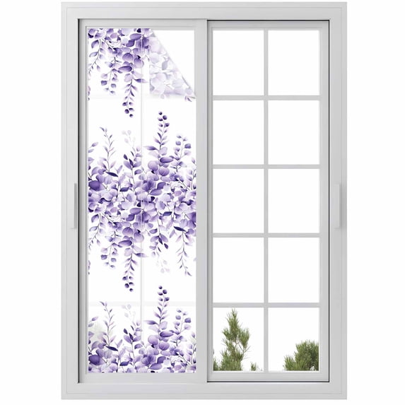 Purple Eucalyptus Window Privacy Film, Botanical Plant Rustic Branch Floral Static Cling UV Sun Blocking Heat Control Window Tint, Non-Adhesive One Way Windows Privacy Cover 17.7''x78.7''