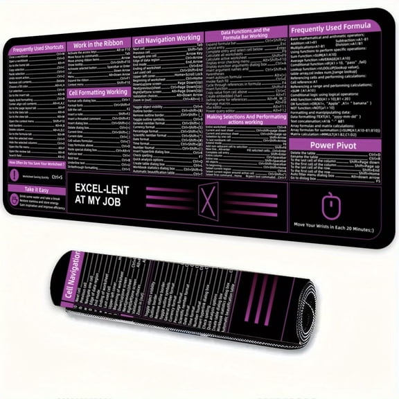 Purple Excel Shortcut Mouse Pad - Large Desk Mat with Essential Formulas and Shortcuts for Office Productivity