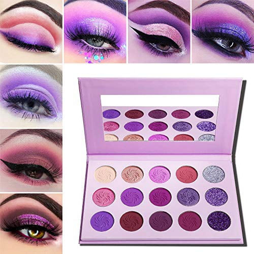 Purple Eyeshadow Palette Makeup Matte and Glitter,Afflano Professional Highly Pigmented 15 Color Eye Pallet,Dream Purple Pink Dark Red Violet Cute Bright Shimmer Travel Eyeshadow Pallet for Girl Women