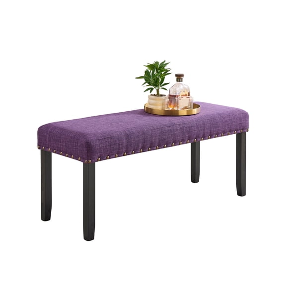 Purple Fabric Dining Bench with Nailhead Trim, Solid Wood Legs, 44 Inch Narrow Bench for Kitchen Island or Entryway