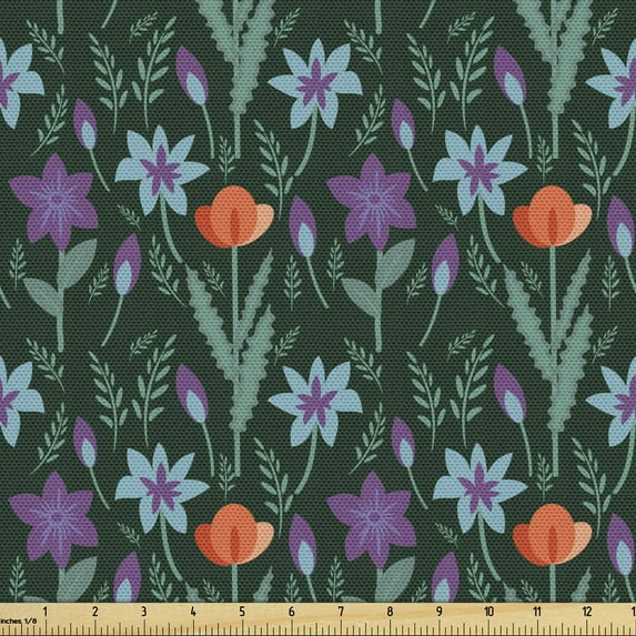 Purple Fabric by the Yard Upholstery, Abstract Symmetrical Drawn Colorful Various Flower Blossoms Poppies, Decorative Fabric for DIY and Home Accents, Forest Green and Multicolor by Ambesonne