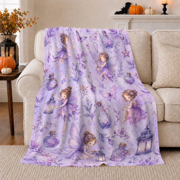 Purple Fairy Lanterns with Potion Bottles and Butterflies, Warm Flannel Blanket, Home Decor for Fairy Fans, Bedroom and Nursery, Christmas Gift, Soft Fantasy Art