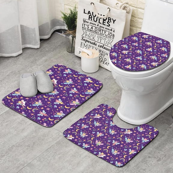 Purple Fairy Unicorn Pattern Bathroom Rugs Sets 3 Piece,Toilet Cover Set,Absorbent Non Slip Bathroom Mats Sets with U-Shaped Contour Rug Toilet Rug Set