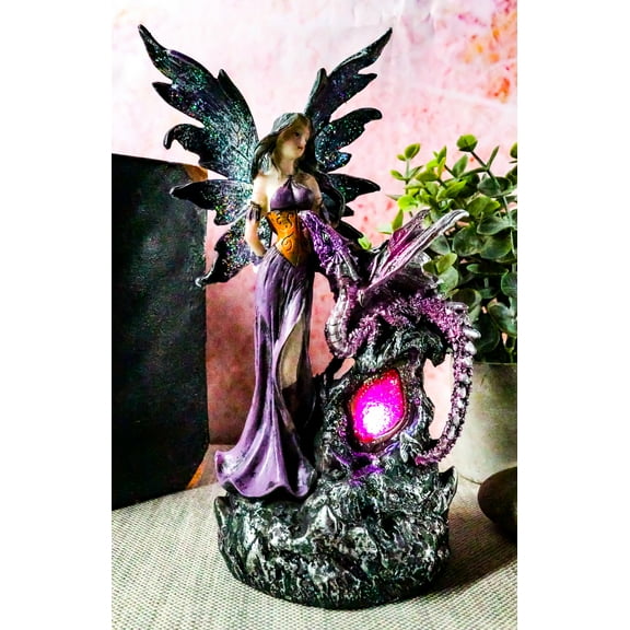 Purple Fairy With Dragon Sitting On LED Crystal Geode Night Light Statue Decor