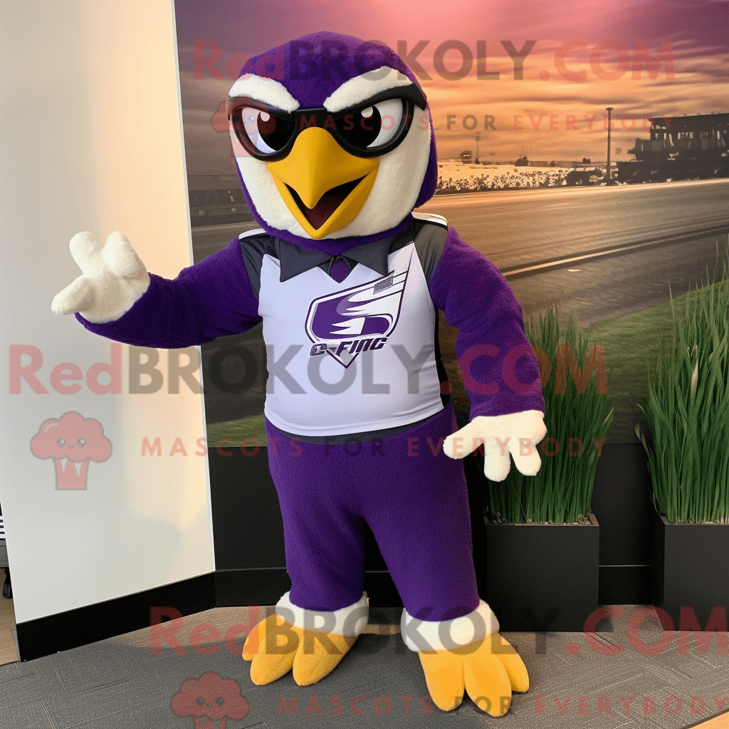 Purple Falcon REDBROKOLY mascot costume character dressed with a ...