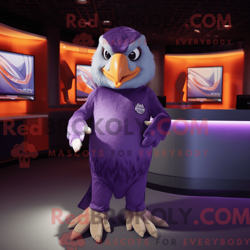 Purple Falcon REDBROKOLY mascot costume character dressed with a ...