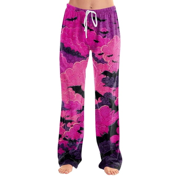 Purple Fall, Autumn, & Halloween Themed Pajama Pants Women's Halloween wide leg pants. High waist, soft, comfy, baggy style, with pockets. Great for parties. S