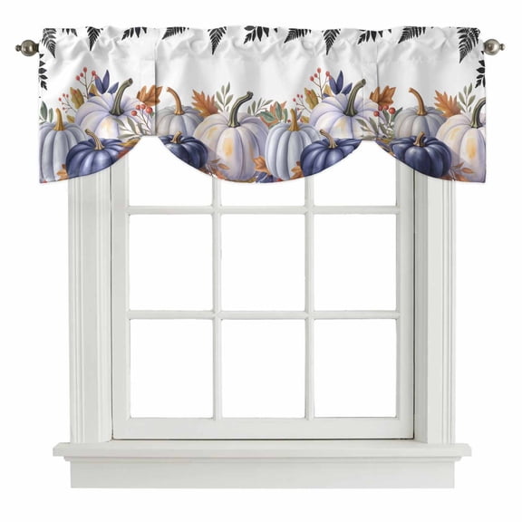 Purple Fall Pumpkin Tie Up Valance Curtains for Windows, Kitchen Curtains Window Treatments, Thanksgiving Maple Leaf Botanical Short Window Shades Valances for Bedroom Bathroom Cafe 42"x12"