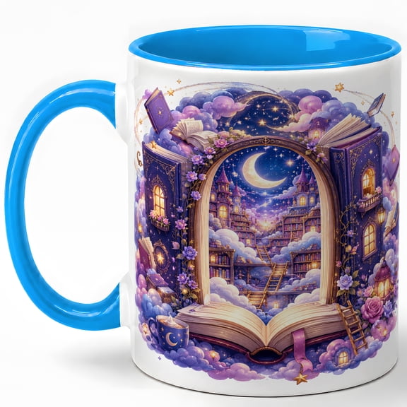 Purple Fantasy Library Coffee Mug, Magical Moon Book Portal Reader Design, 11 oz Ceramic Cup