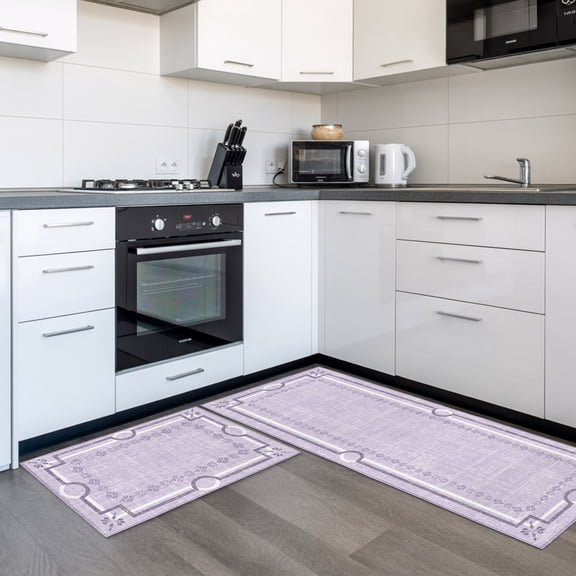 Purple Farmhouse 1 Piece Non-Slip Kitchen Mat Set, Linen Texture Geometric Lines Floral Boho Soft Door Mat with Rubber Backing, Dirtproof Rugs for Entrance Doorway, 15.7 x 47.2in