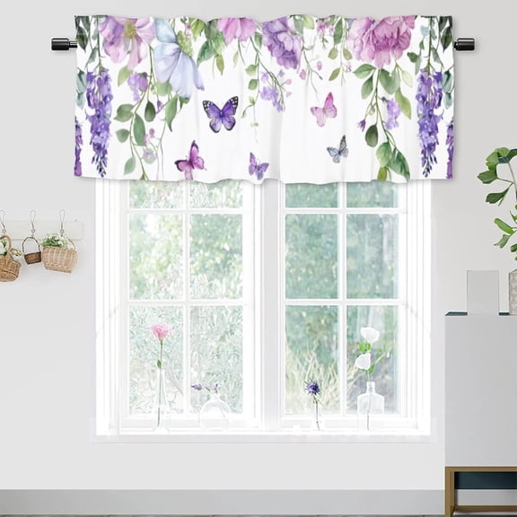 Purple Farmhouse Drapes Butterfly Spring Lavender Lilac Pink Floral Short Rod Pocket Window Treatment for Living Room, Bedroom, Kitchen, Bathroom, 1 Panel, 54" W x 18" L