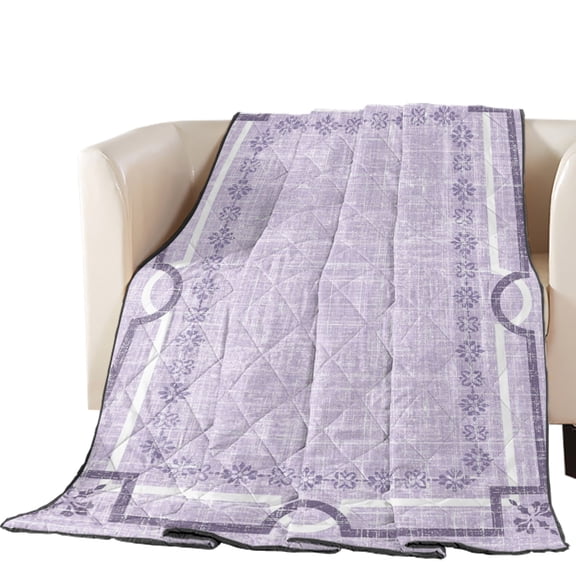 Purple Farmhouse Quilted Comforters Cooling Blanket Oversized King Size, Linen Texture Geometric Lines Floral Boho Cold Comfort for Hot Sleepers Lightweight Air Conditioning Quilt Blanket for Bed