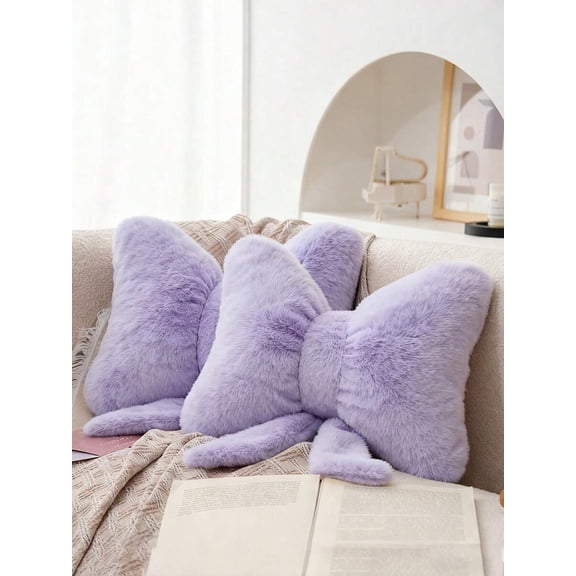 Purple Faux Fur Bow Decorative Throw Pillow For Sofa Bed Home Decor