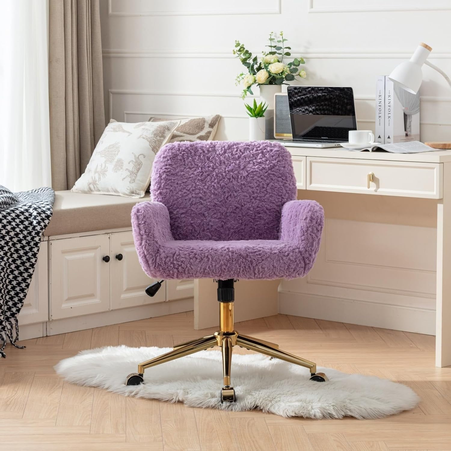 Purple Faux Fur Home Office Chair, Upholstered Elegant Makeup Vanity ...