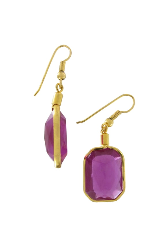 Purple Faux Jewel Octagon Dangle Drop Pierced Earrings 1 3/8"