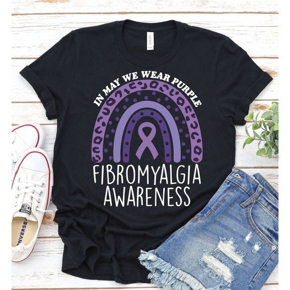 Purple Fibromyalgia Awareness Ribbon and Rainbow Graphic T-Shirt, Unisex Classic Fit, 180 GSM