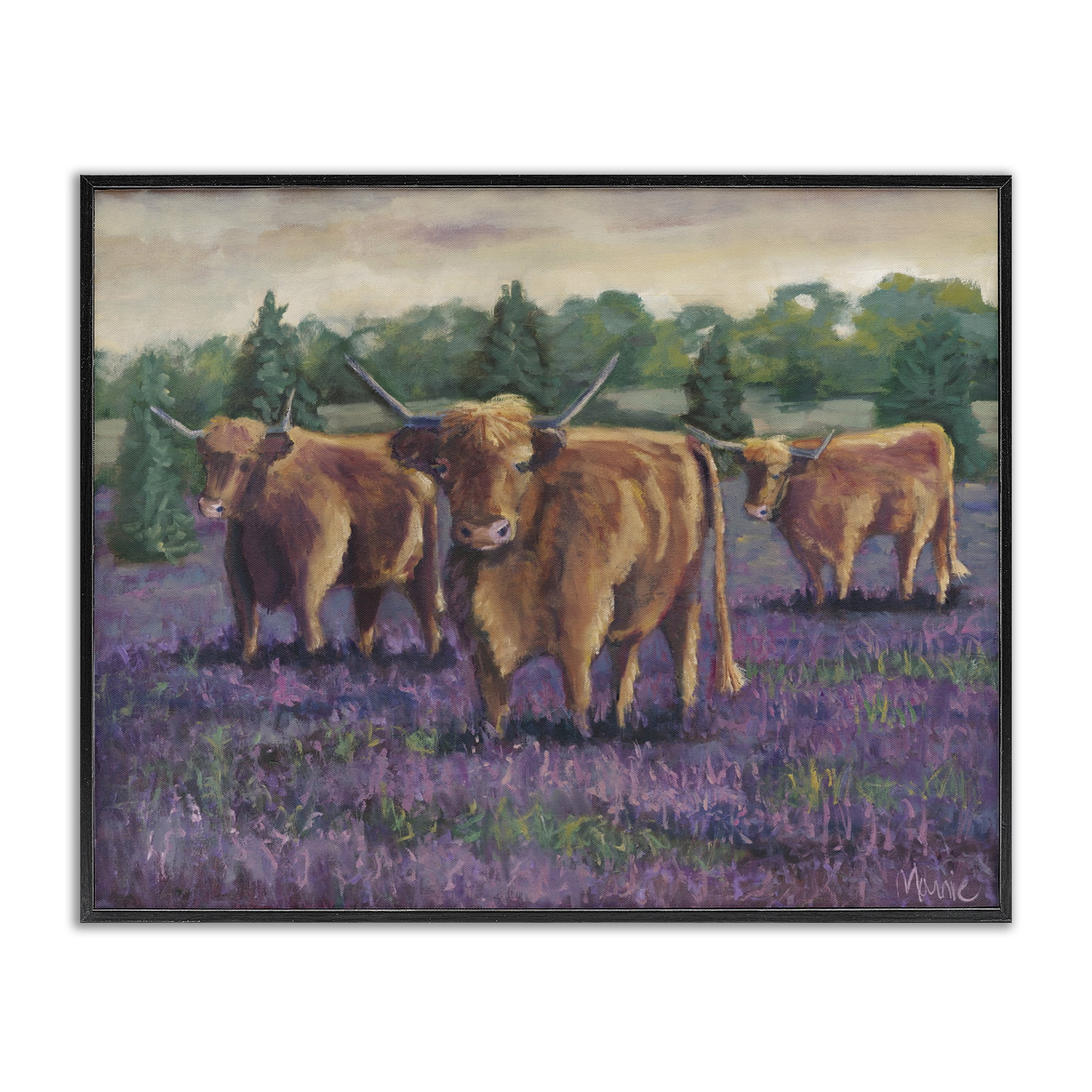 Purple Fields & Cows Black Framed Giclee Art, design by Marnie Bourque