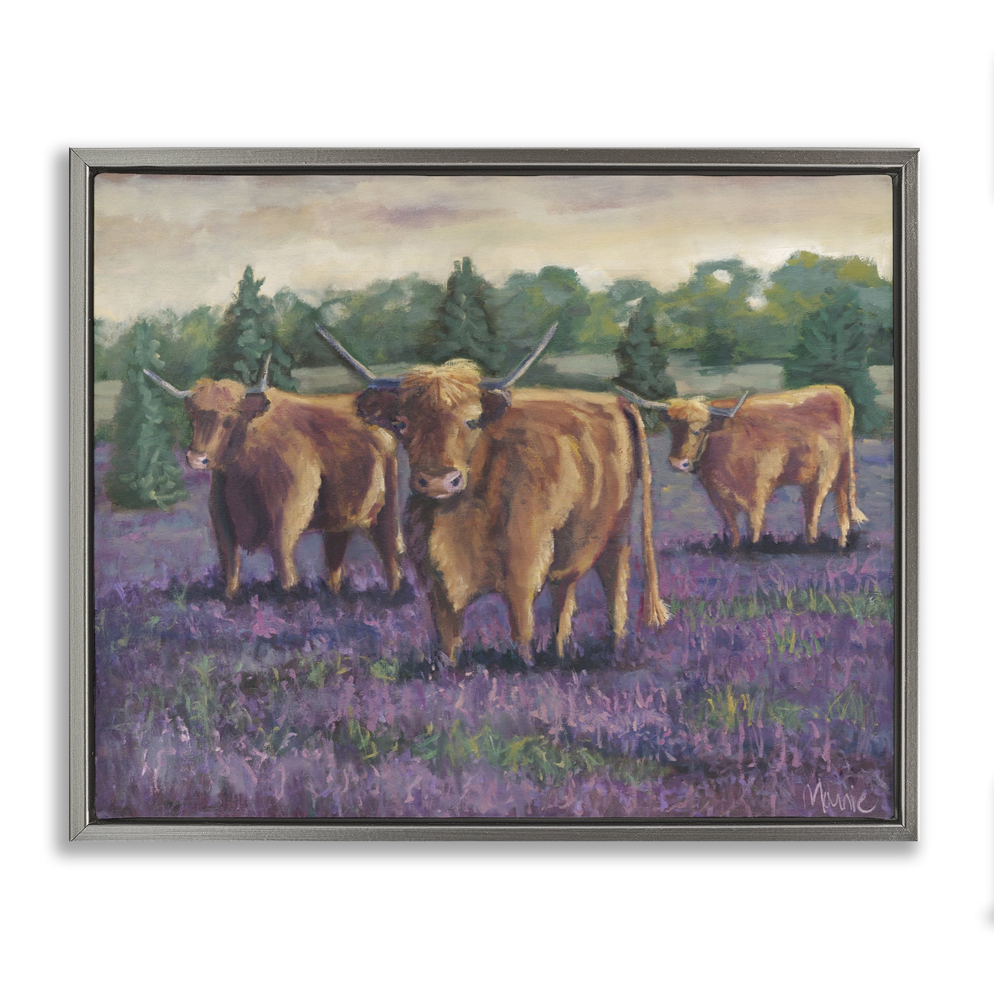 Purple Fields & Cows Gray Framed Floater Canvas Wall Art, design by Marnie Bourque