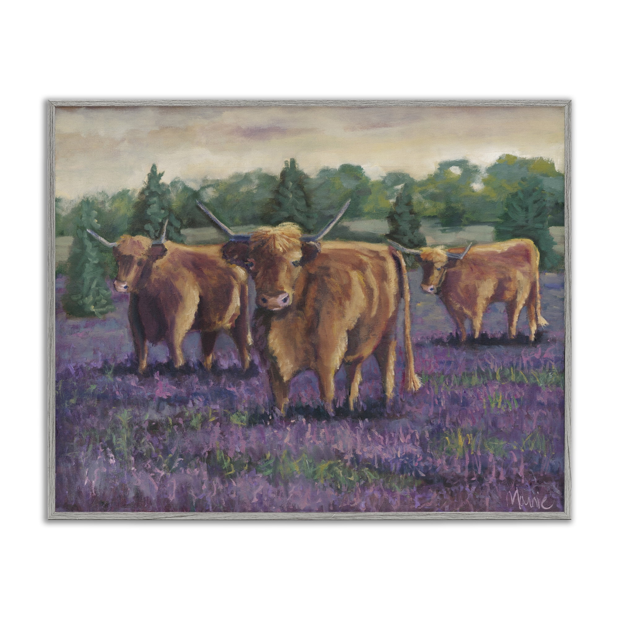 Purple Fields & Cows Gray Framed Giclee Art, design by Marnie Bourque
