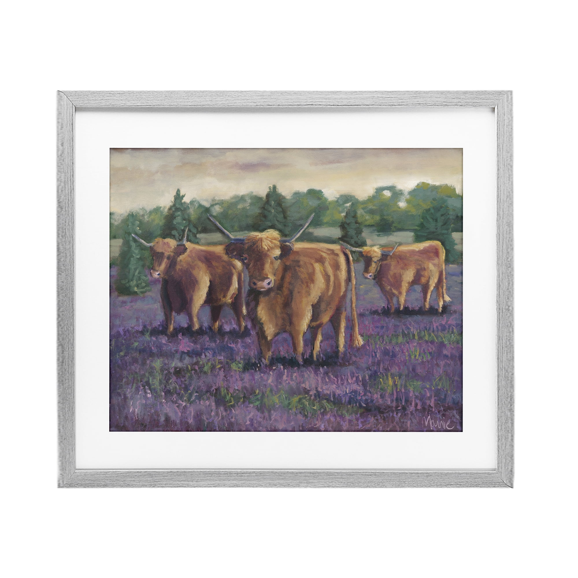 Purple Fields & Cows Gray Framed Print Under Glass, design by Marnie Bourque