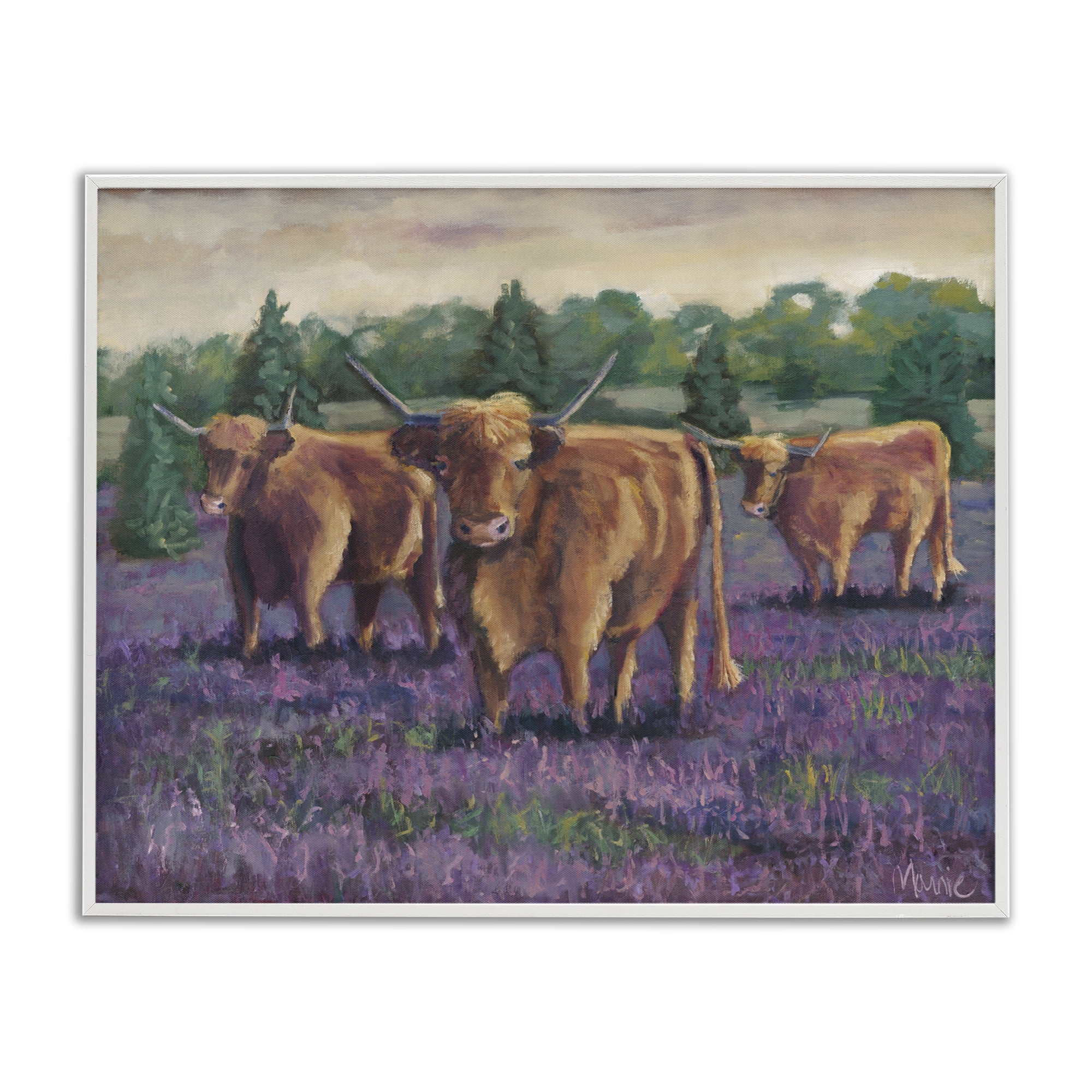 Purple Fields & Cows White Framed Giclee Art, design by Marnie Bourque