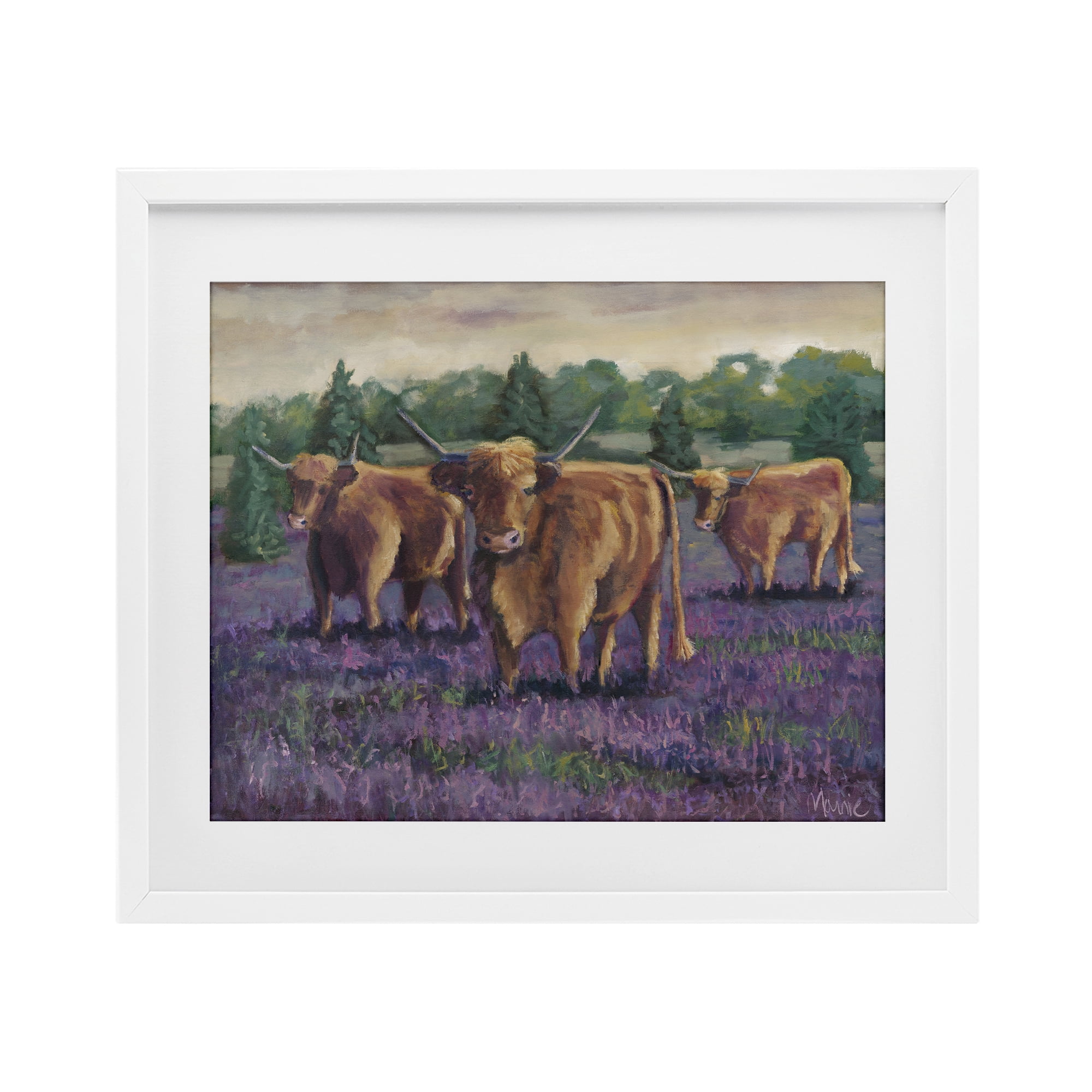 Purple Fields & Cows White Framed Print Under Glass, design by Marnie Bourque
