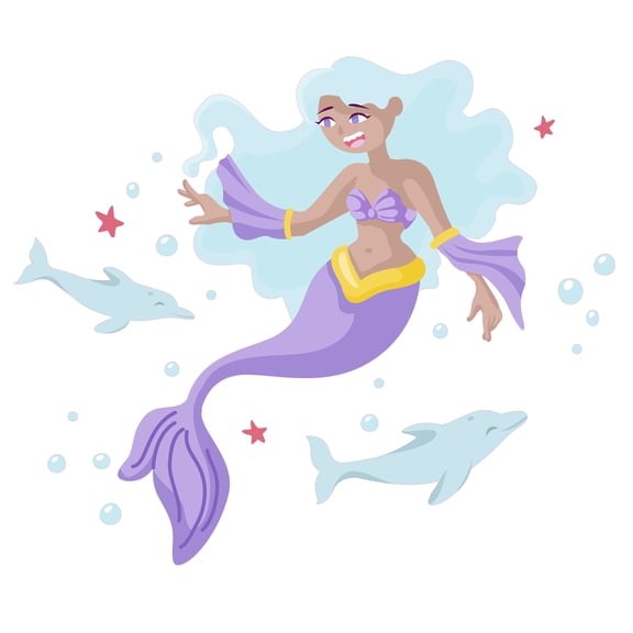 Purple Fin Groovy Mermaid 17" x 20" Home Wall Sticker Decoration Cartoon Style Kids Girly Art Design Removable Sea Creatures Aquatic Scene Kids Bedroom Vinyl Wall Decal