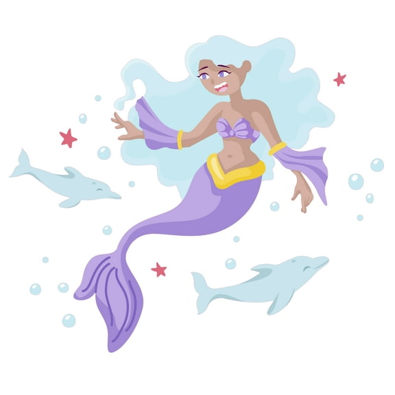 Purple Fin Groovy Mermaid 21" x 28" Home Wall Sticker Decoration Cartoon Style Kids Girly Art Design Removable Sea Creatures Aquatic Scene Kids Bedroom Vinyl Wall Decal