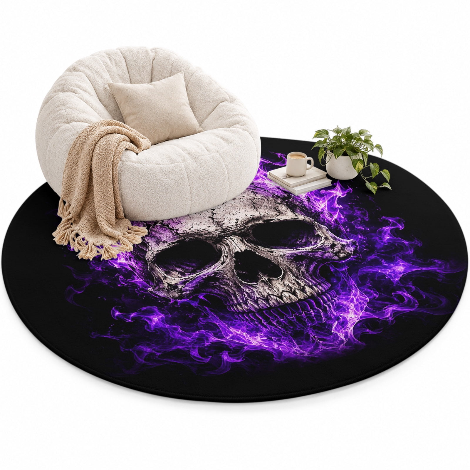 Purple Fire Area Rug 5', Mysterious Spooky Skeletons Black Soft Mat Non ...