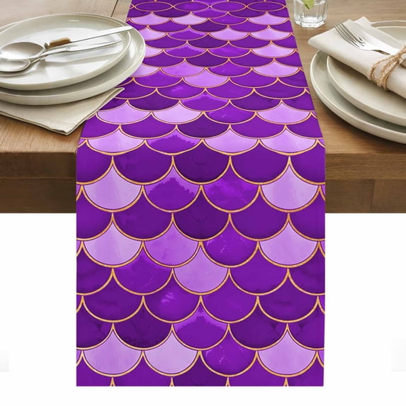 Purple Fish Scale Table Runner - 60 Inch Long, Kitchen Dining Table Runner Dresser Scarves, Modern Geometric Ombre Abstract Moroccan Farmhouse Decor for Coffee Tables Wedding Party Banquet