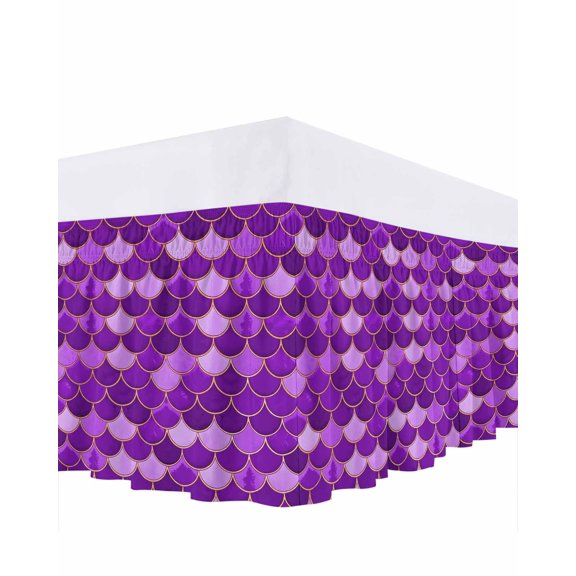 Purple Fish Scales Ruffle Bed Skirt California King Size Ombre Fish Tail Abstract Art Vintage Adjustable Elastic Dust Bed Skirts Wrap Around Bedskirt Wrinkle Free Easy Fit with 18 Inch Drop