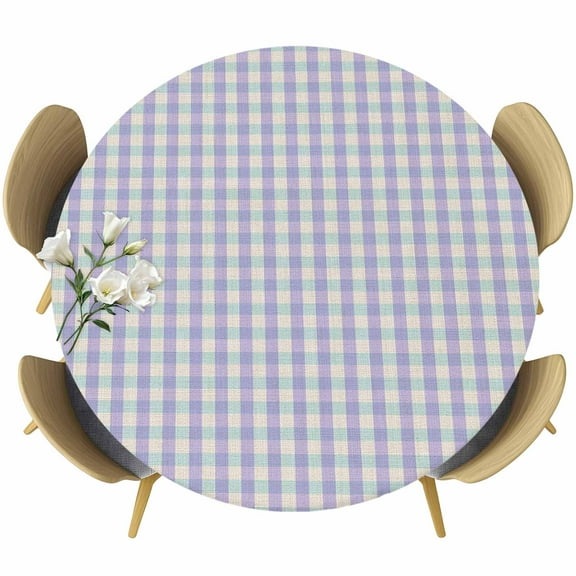 Purple Fitted Tablecloth with Elastic Edged, Round Table Cloth for Dining Table, Grid Checkered Plaid Gingham Lattice Trellis Waterproof Oil Proof Table Cover for Indoor Outdoor 36"-44"