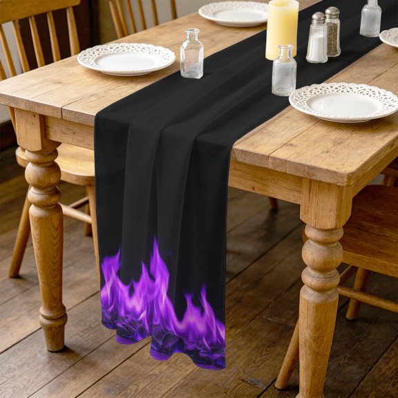Purple Flames 4.5ft Cheesecloth Table Runner for Wedding 19"x55", Neon Style Black Background Kitchen Dinner Sheer Tulle Chiffon Dresser Scarf, Holiday Party Decorations