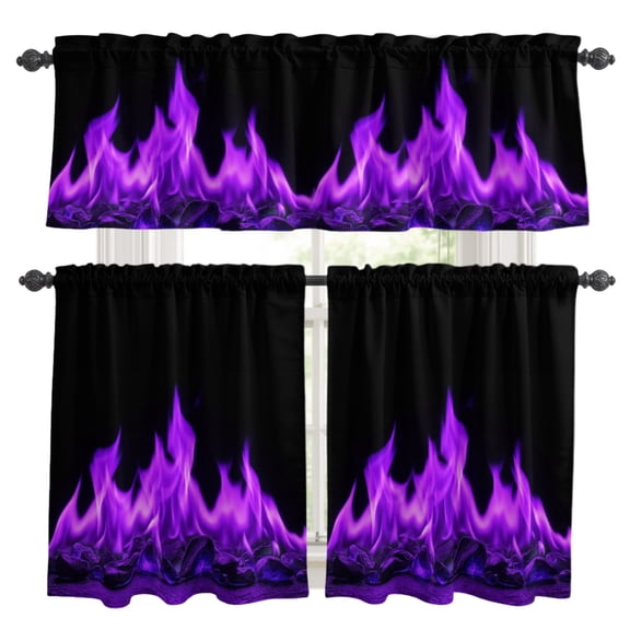 Purple Flames Kitchen Curtains Set for Windows, Neon Style Black Background Curtains Valance and Tier 3 Piece Set Small Drapes 36 Inch Length for Kitchen Bedroom Decor