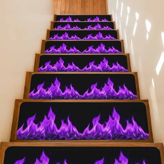 Purple Flames Stair Treads Non Slip for Steps Neon Style Black Background 15 Pcs Reusable Adhesive Stair Runner Mats for Dogs Elders Carpet Treads Rugs for Staircase 8x30 In