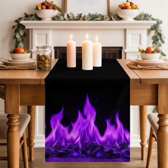 Purple Flames Table Runner 13x36 Inch Neon Style Black Background Cotton Linen Dining Table Runner Ideal for Dresser Kitchen Coffee Tables - Machine Washable