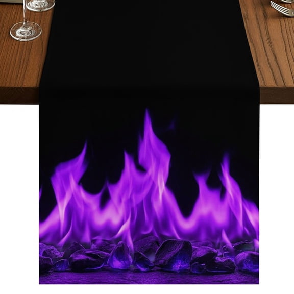 Purple Flames Table Runner 48 Inches Long, Neon Style Black Background Cotton Linen Dining Table Runner Dresser Scarves for Home Kitchen Party Decor 13"x48"